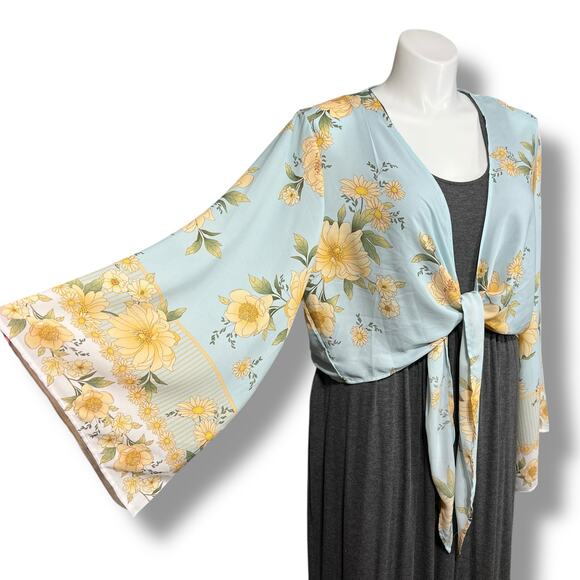Rue+ Womens Bolero Shrug Crop Tie Front Kimono Sleeve Floral Yellow Blue 3X - Picture 2 of 8